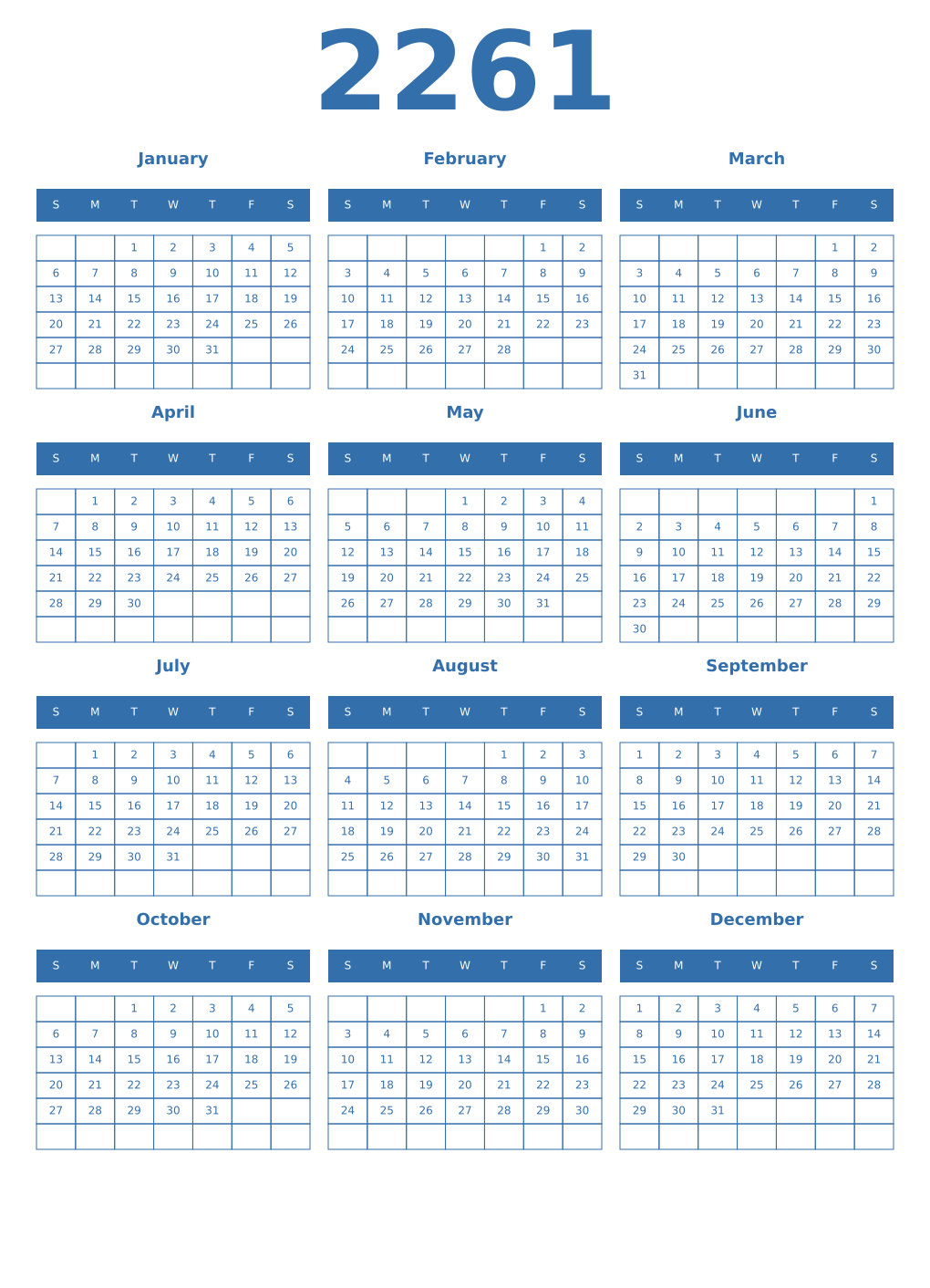 Printable 2261 Year Calendars blue