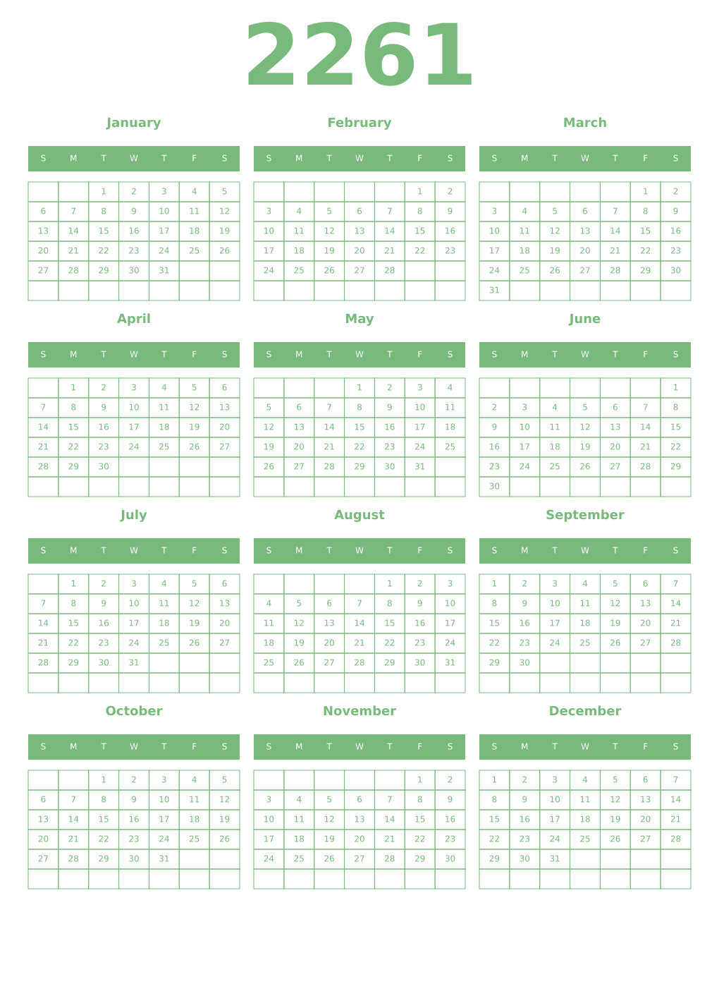 Printable 2261 Year Calendars celadon