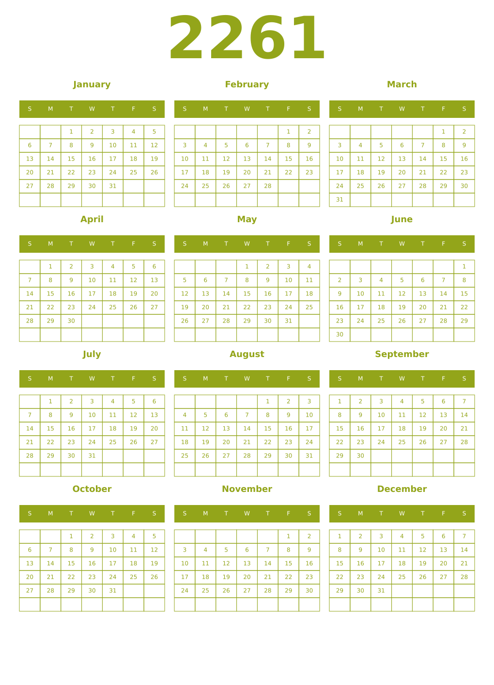 Printable 2261 Year Calendars chartreuse