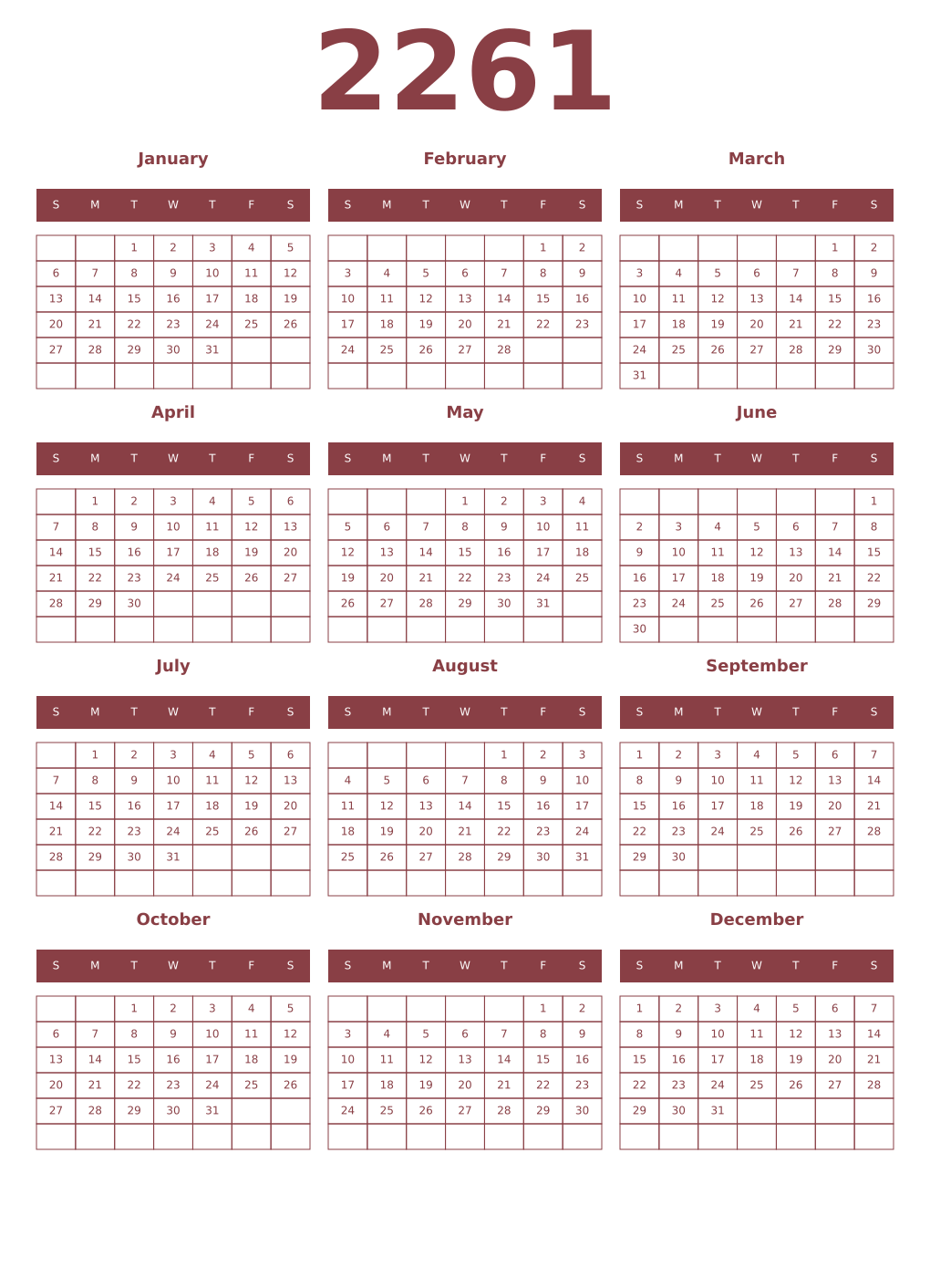 Printable 2261 Year Calendars cordovan