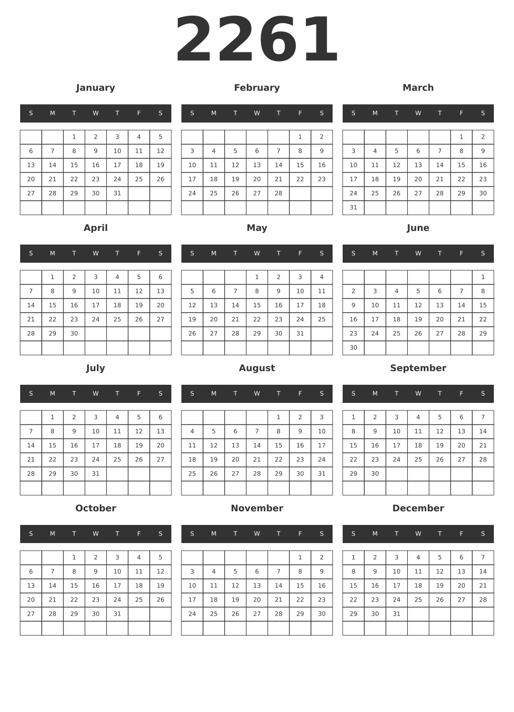 Printable 2261 Year Calendars dark