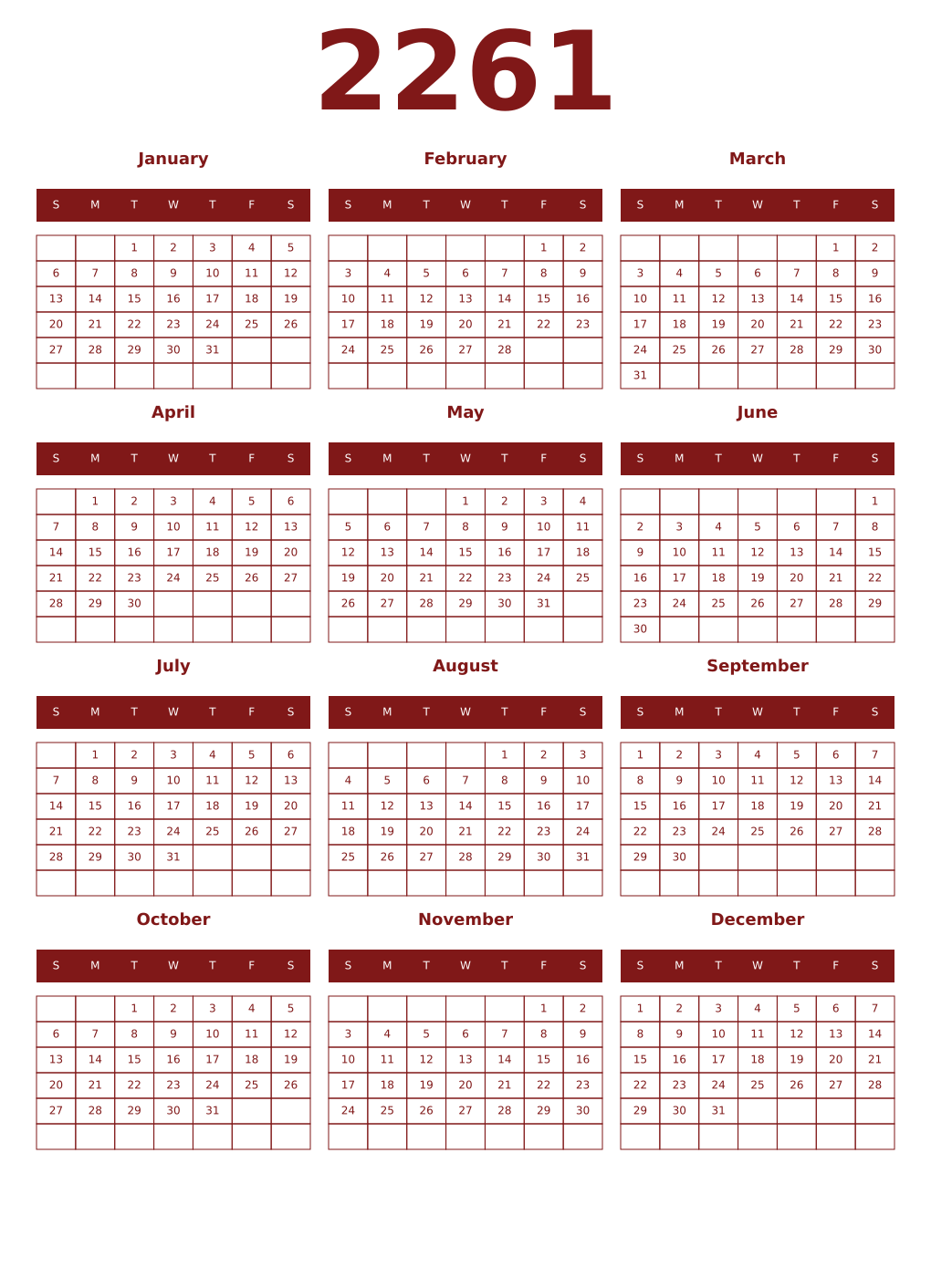 Printable 2261 Year Calendars falu