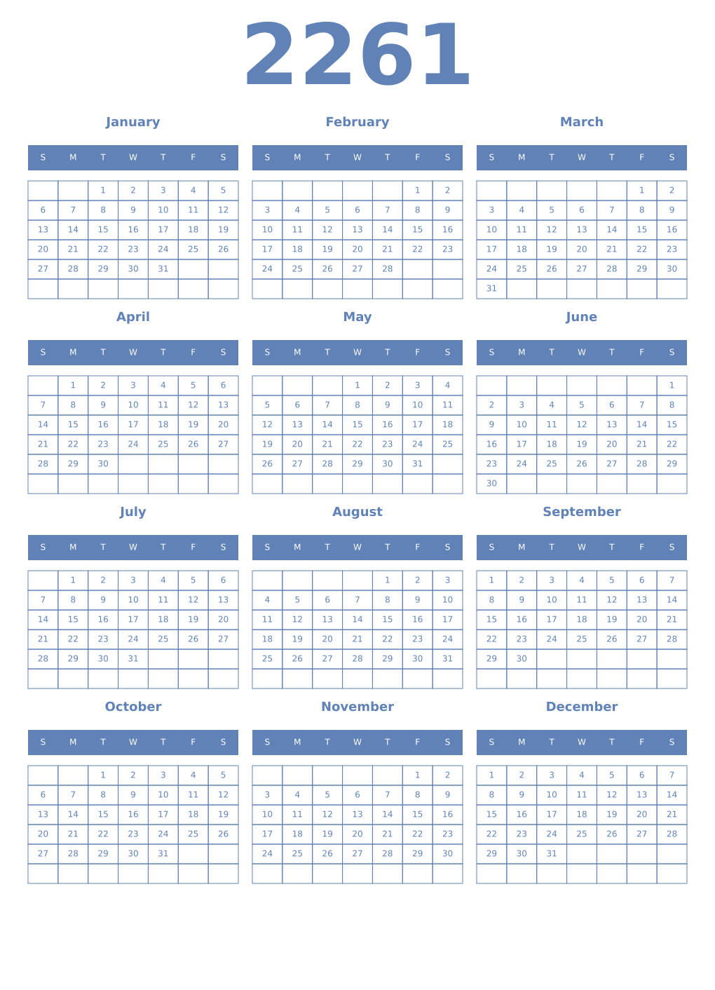 Printable 2261 Year Calendars glaucous