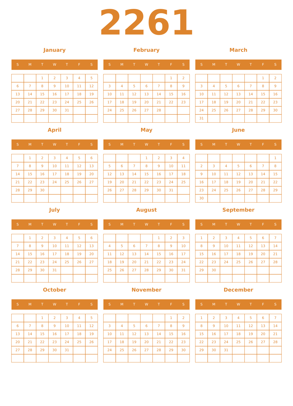 Printable 2261 Year Calendars orange