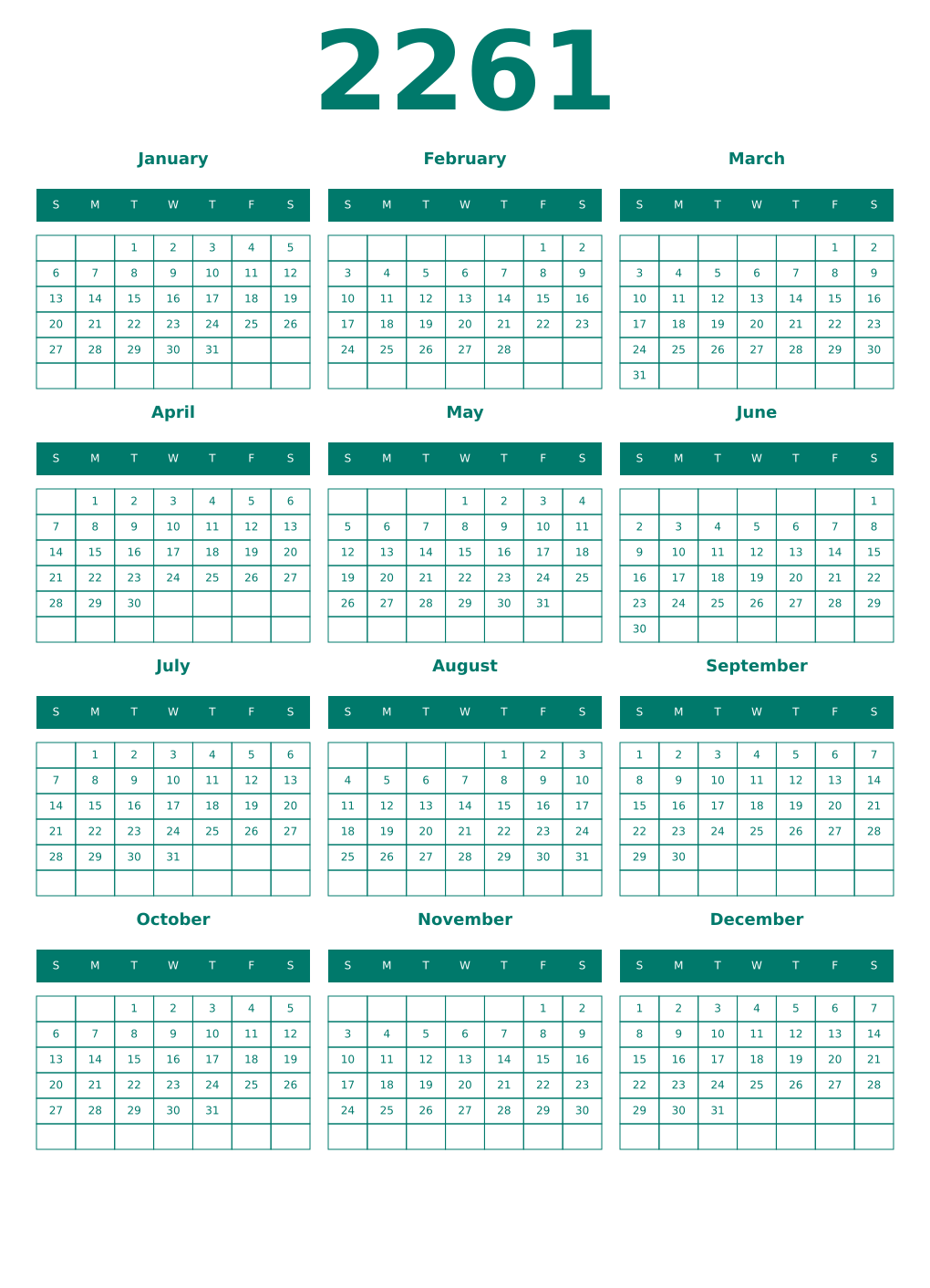Printable 2261 Year Calendars pastel