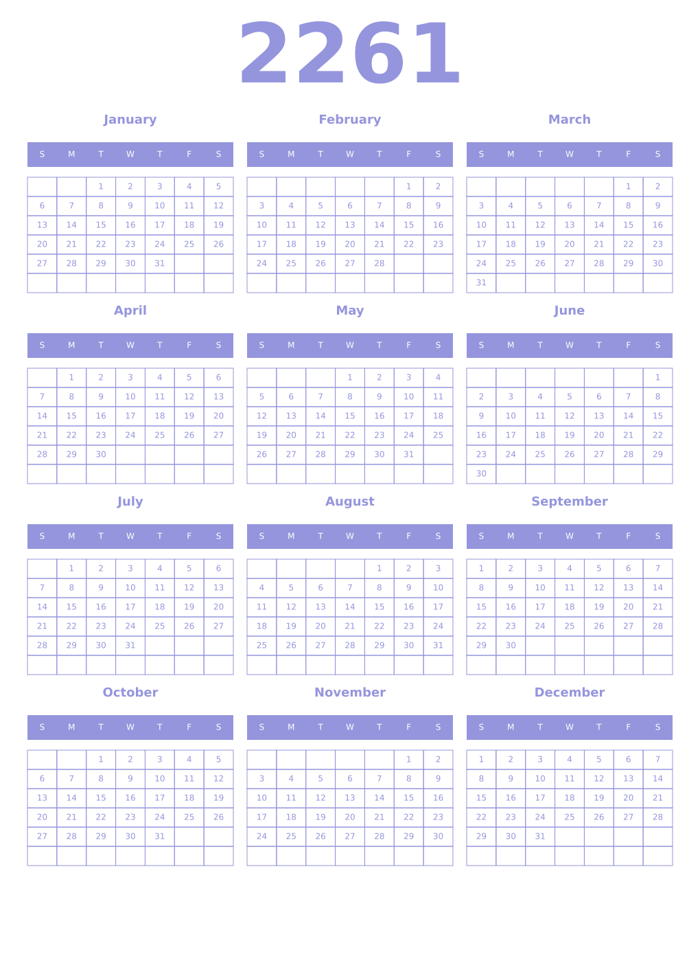 Printable 2261 Year Calendars periwinkle