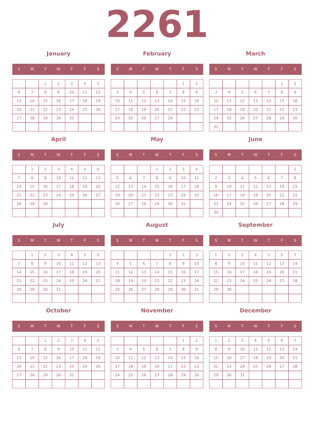 Printable 2261 Year Calendars puce