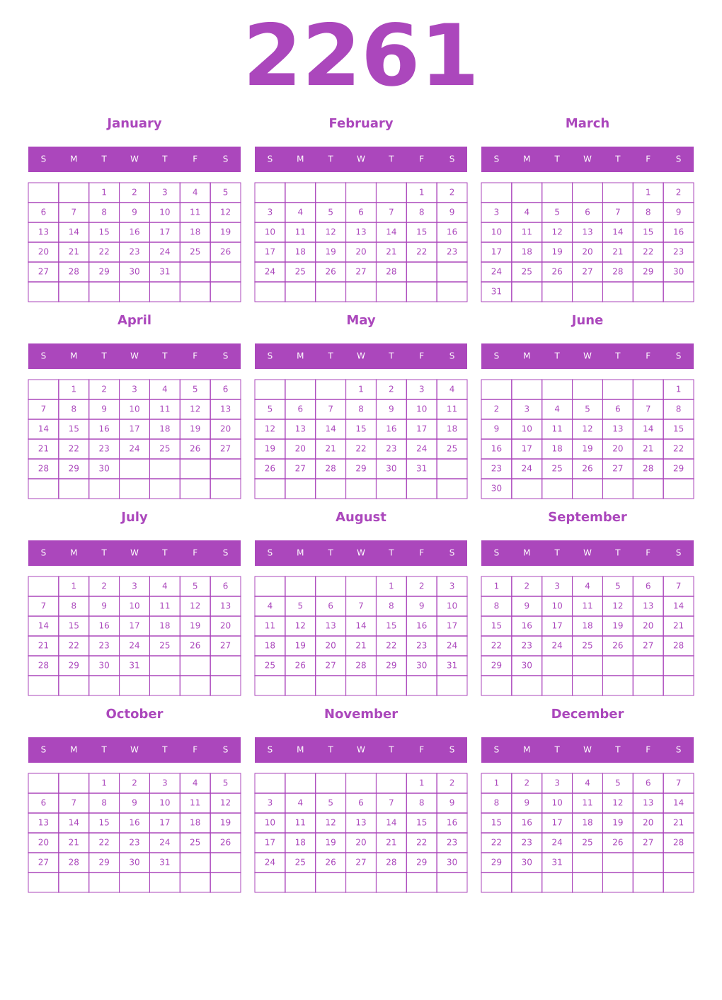 Printable 2261 Year Calendars purple