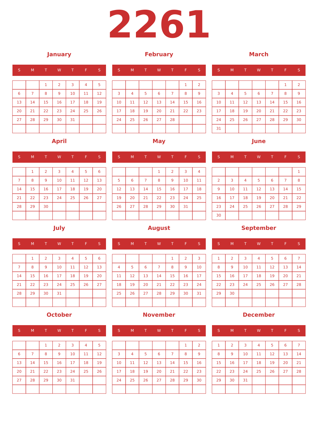 Printable 2261 Year Calendars red