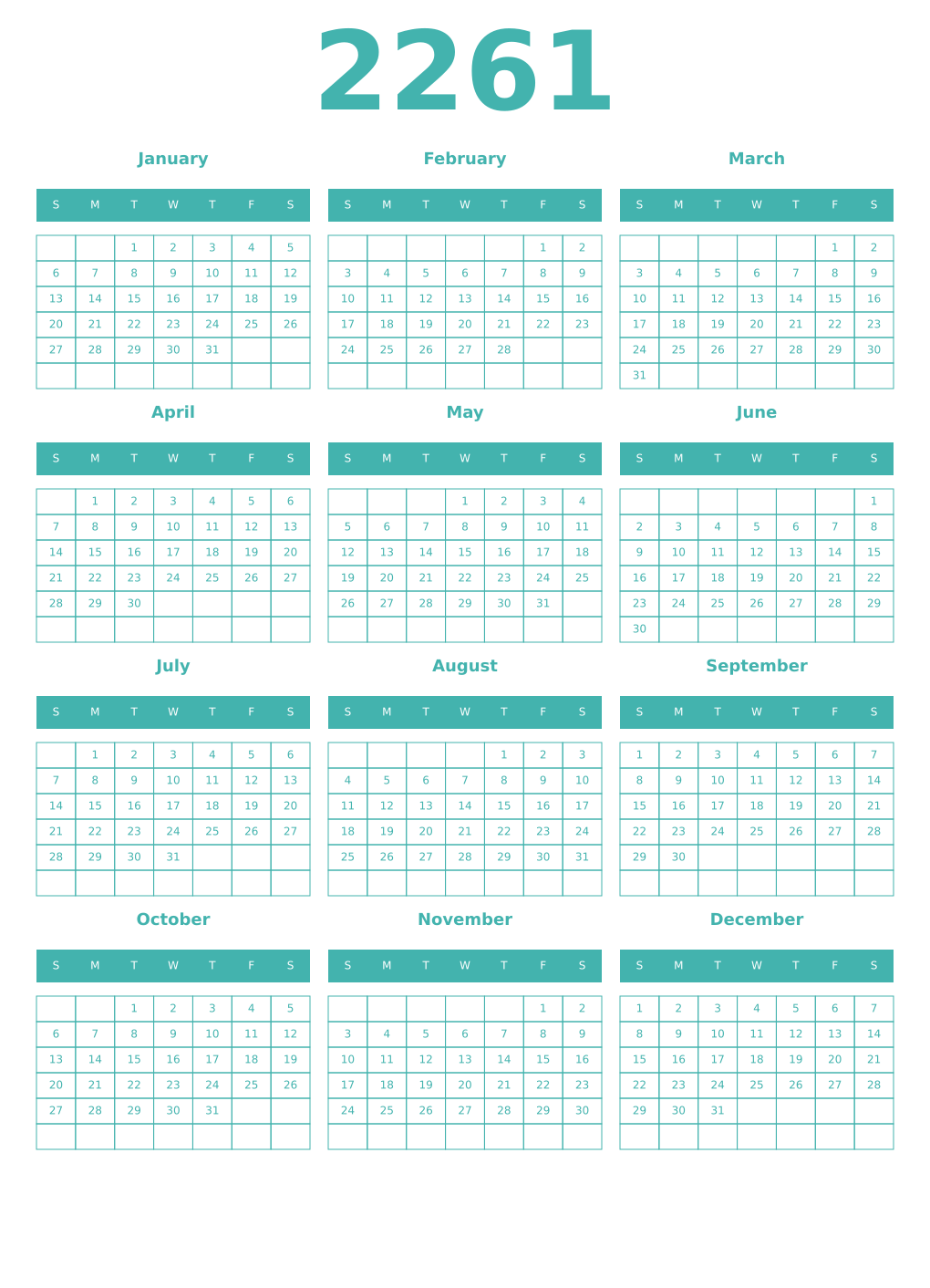 Printable 2261 Year Calendars verdigris