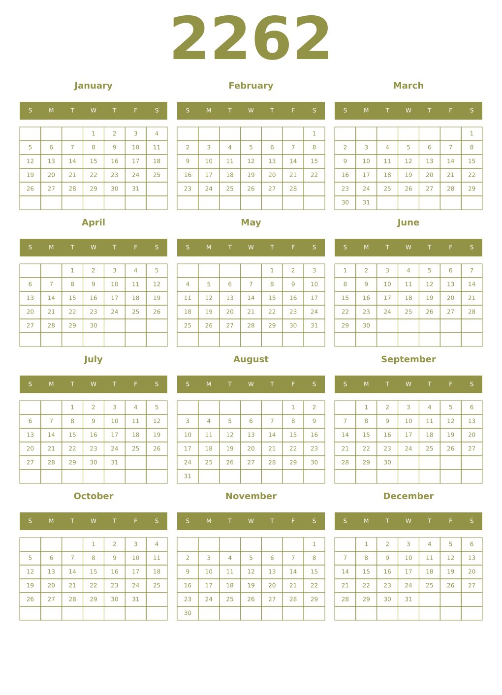 Printable 2262 Year Calendars eburnean