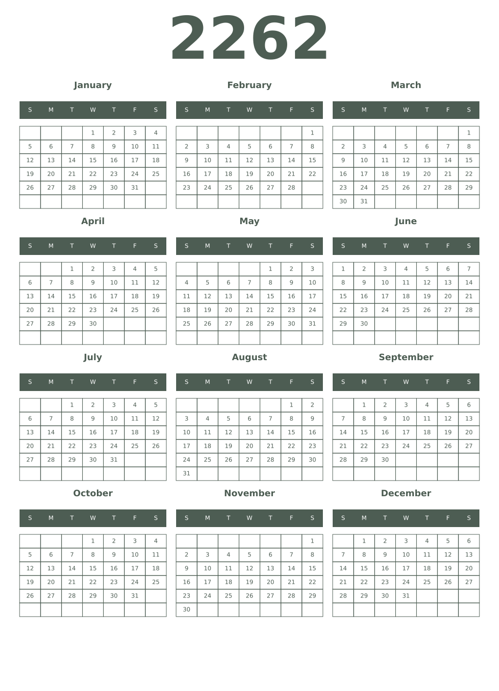 Printable 2262 Year Calendars feldgrau