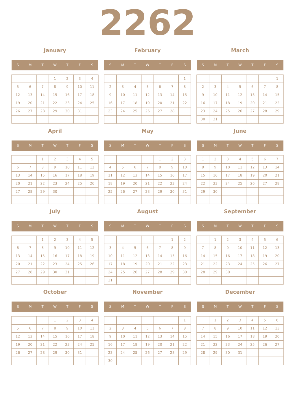 Printable 2262 Year Calendars isabelline