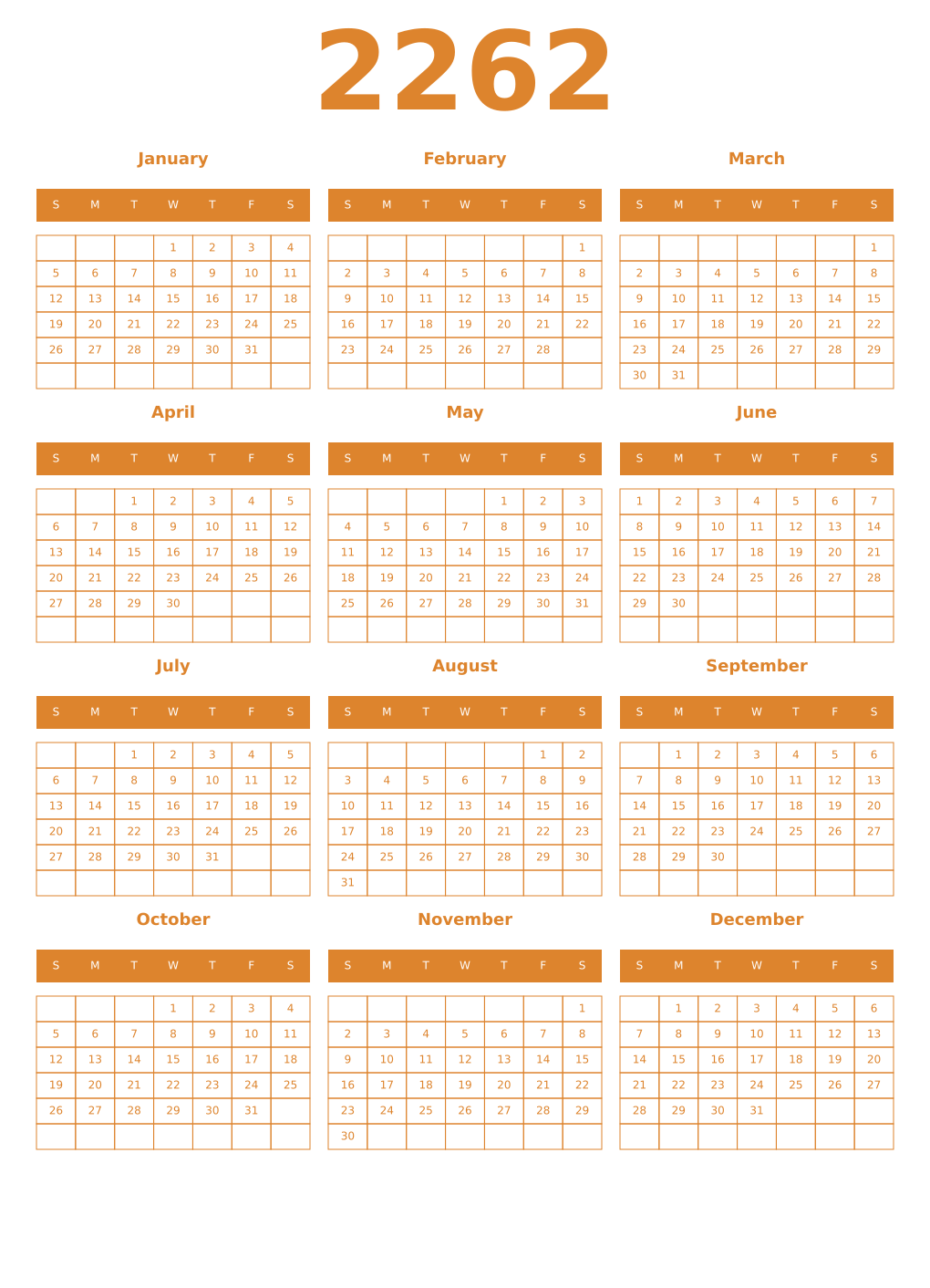 Printable 2262 Year Calendars orange