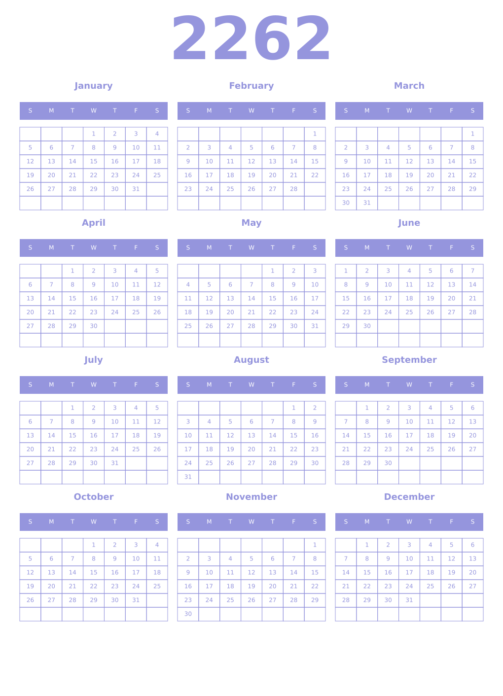 Printable 2262 Year Calendars periwinkle