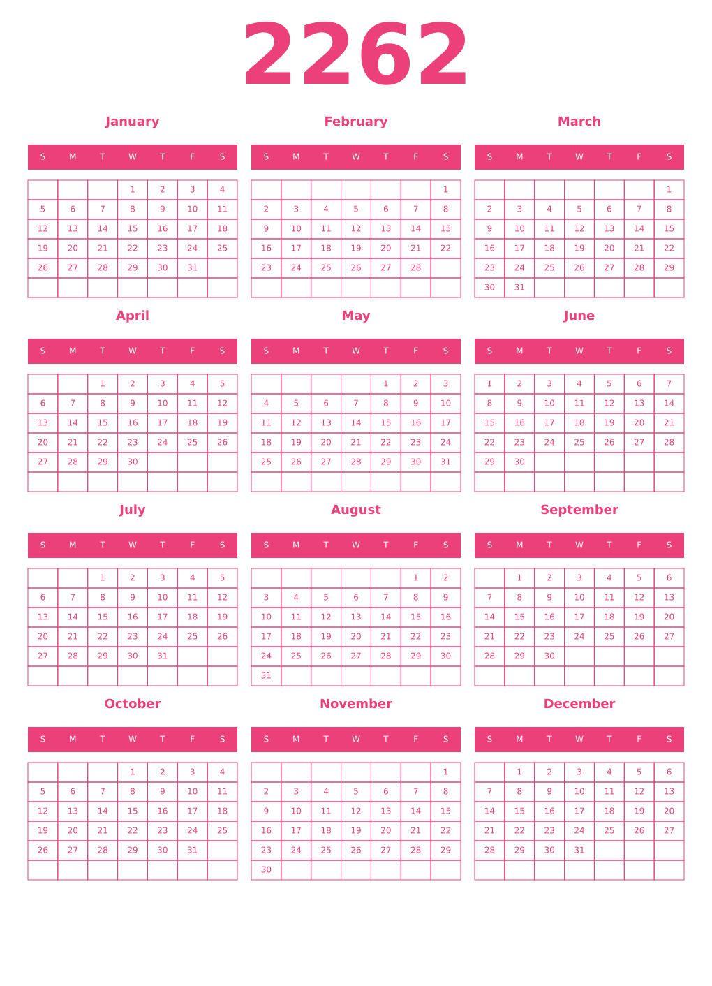 Printable 2262 Year Calendars pink