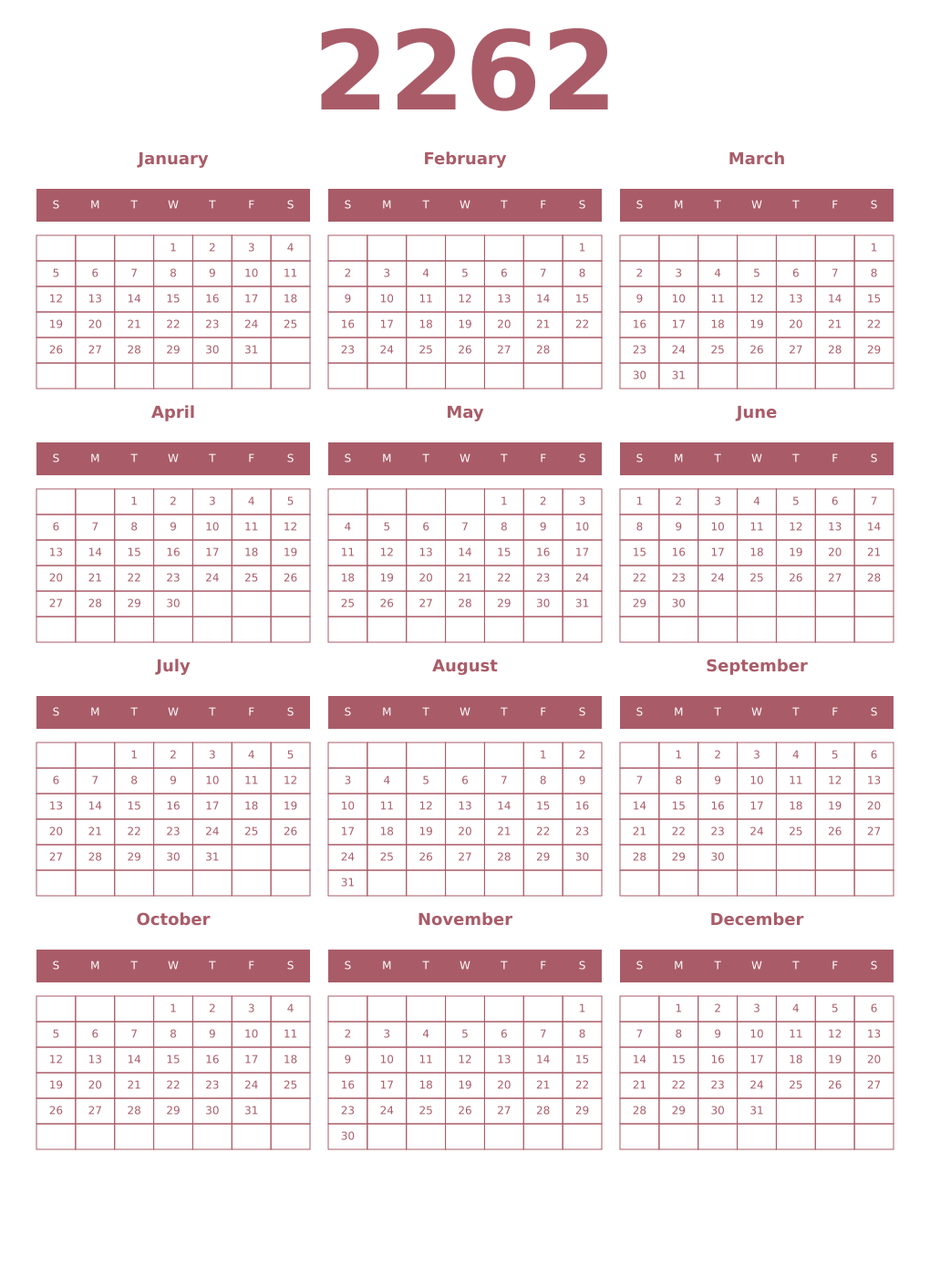 Printable 2262 Year Calendars puce