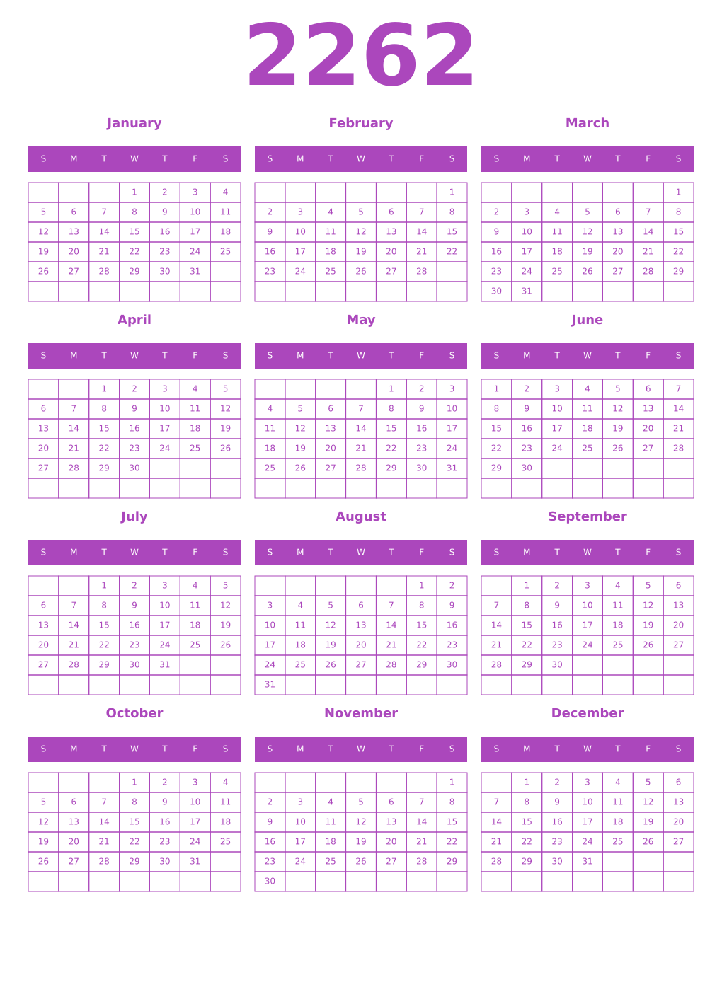 Printable 2262 Year Calendars purple