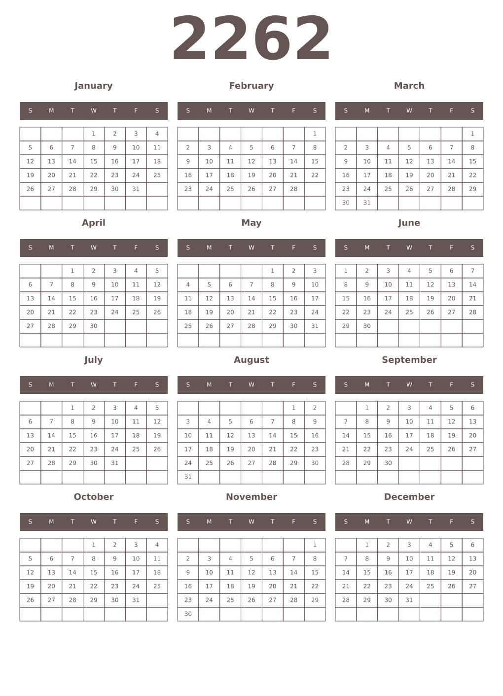 Printable 2262 Year Calendars wenge