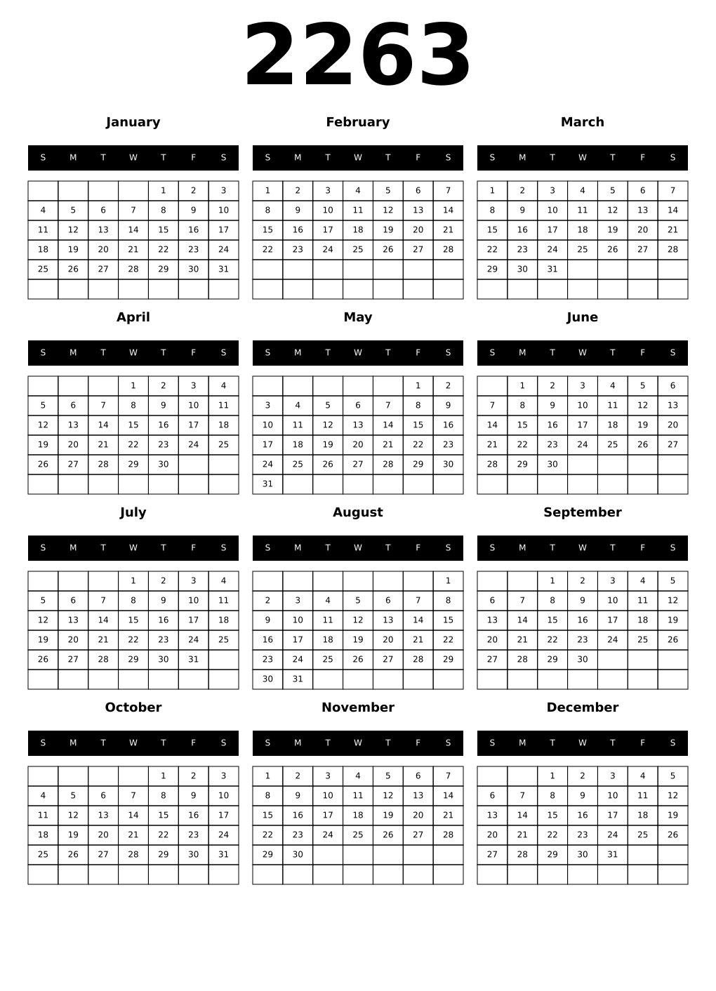 Printable 2263 Year Calendars black