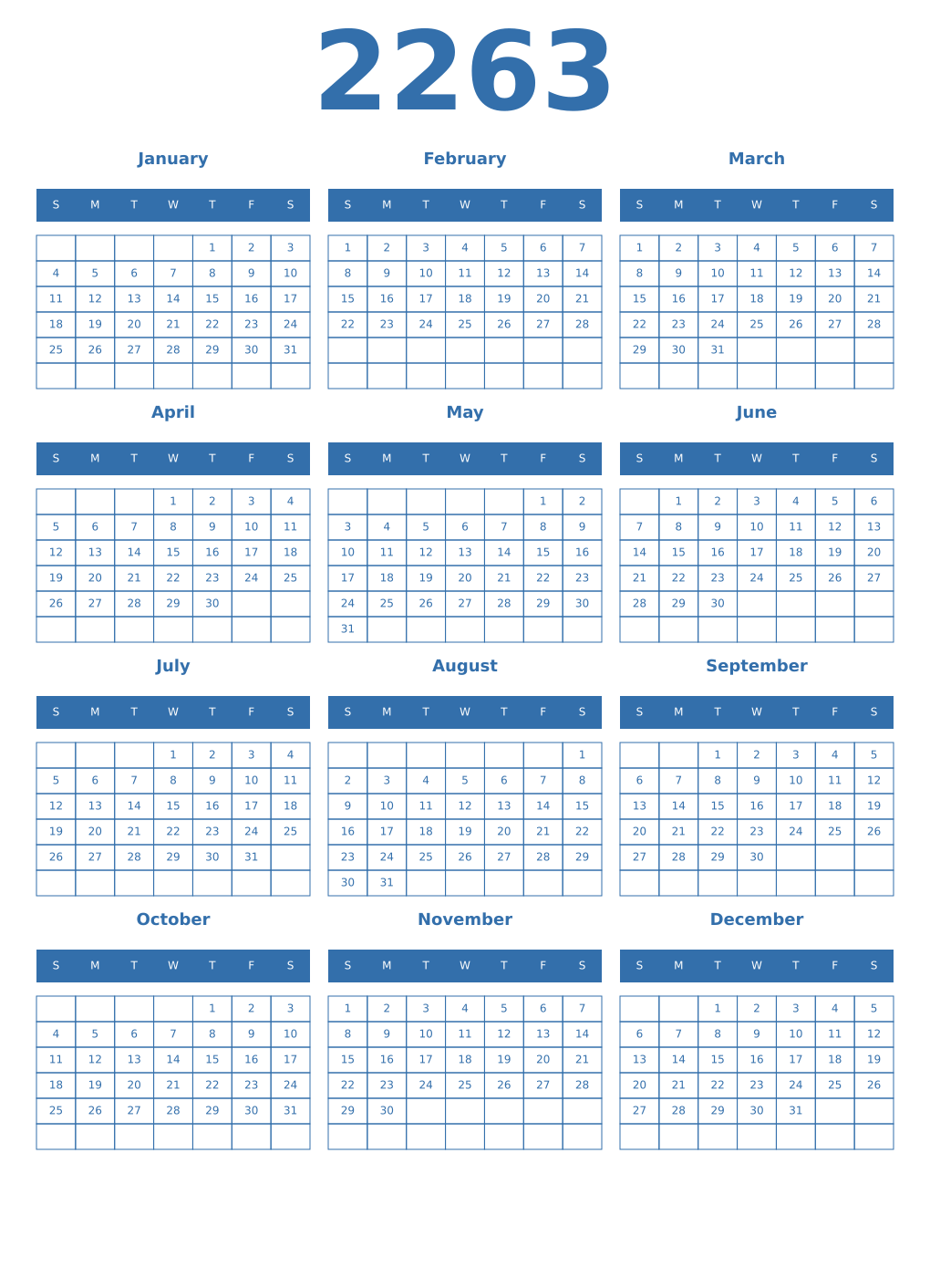 Printable 2263 Year Calendars blue