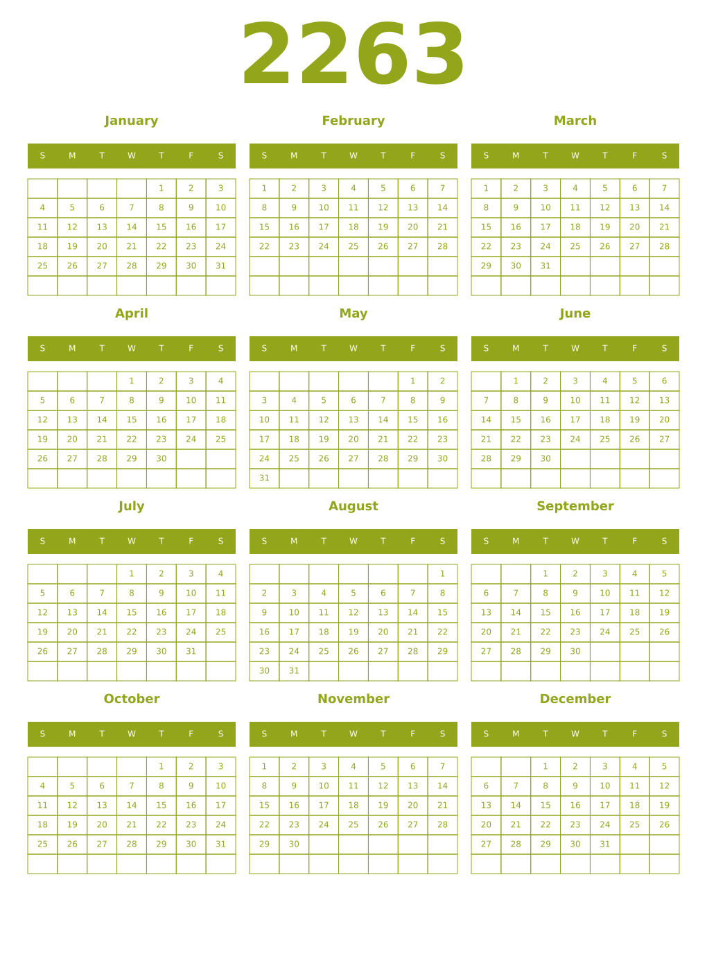 Printable 2263 Year Calendars chartreuse