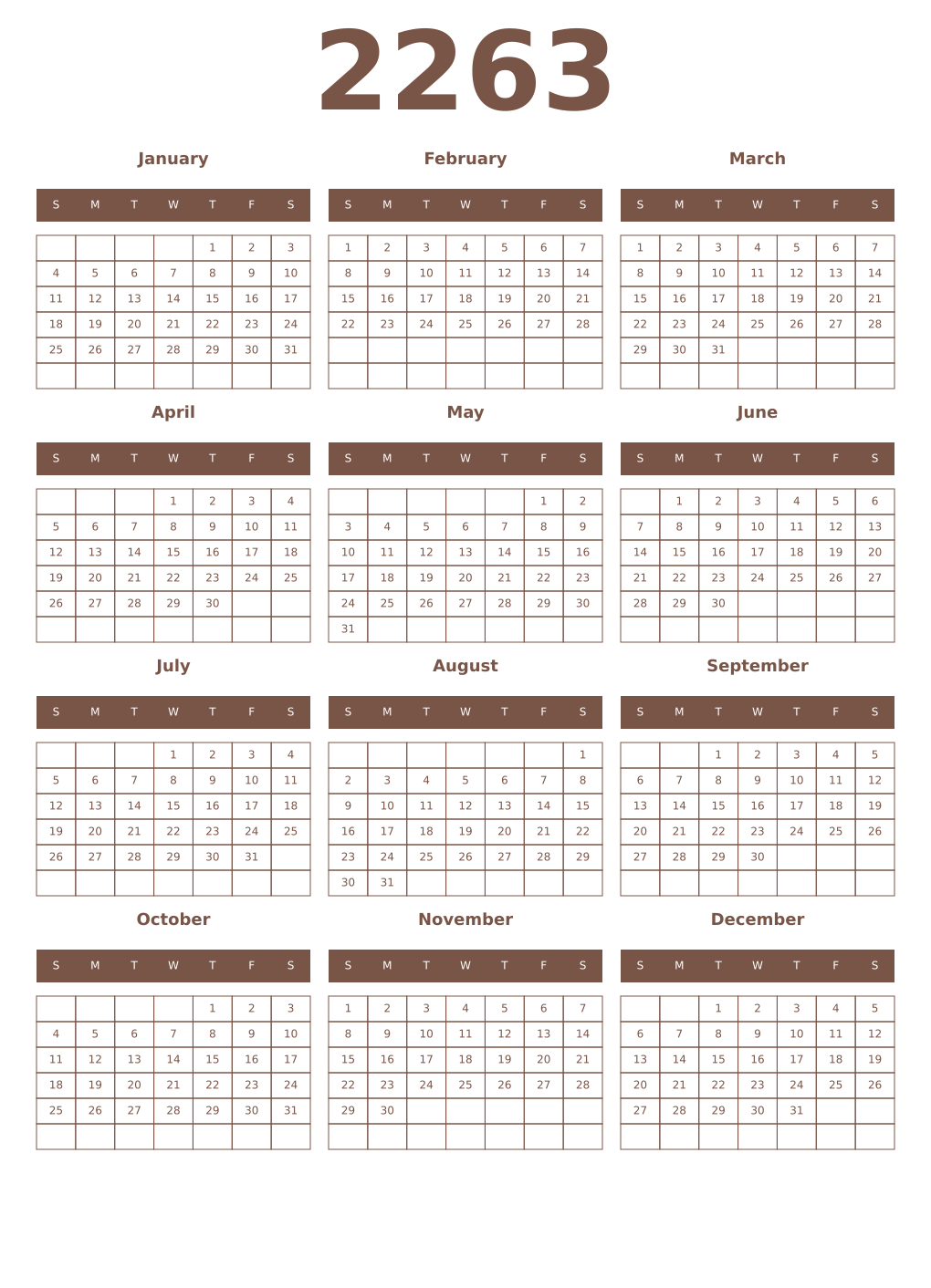Printable 2263 Year Calendars coffe