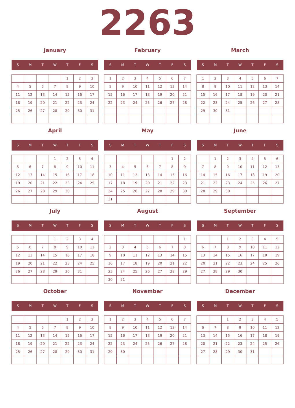 Printable 2263 Year Calendars cordovan