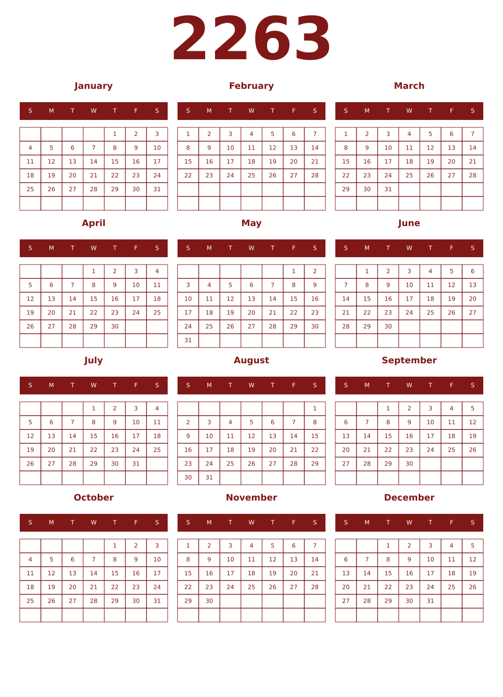 Printable 2263 Year Calendars falu