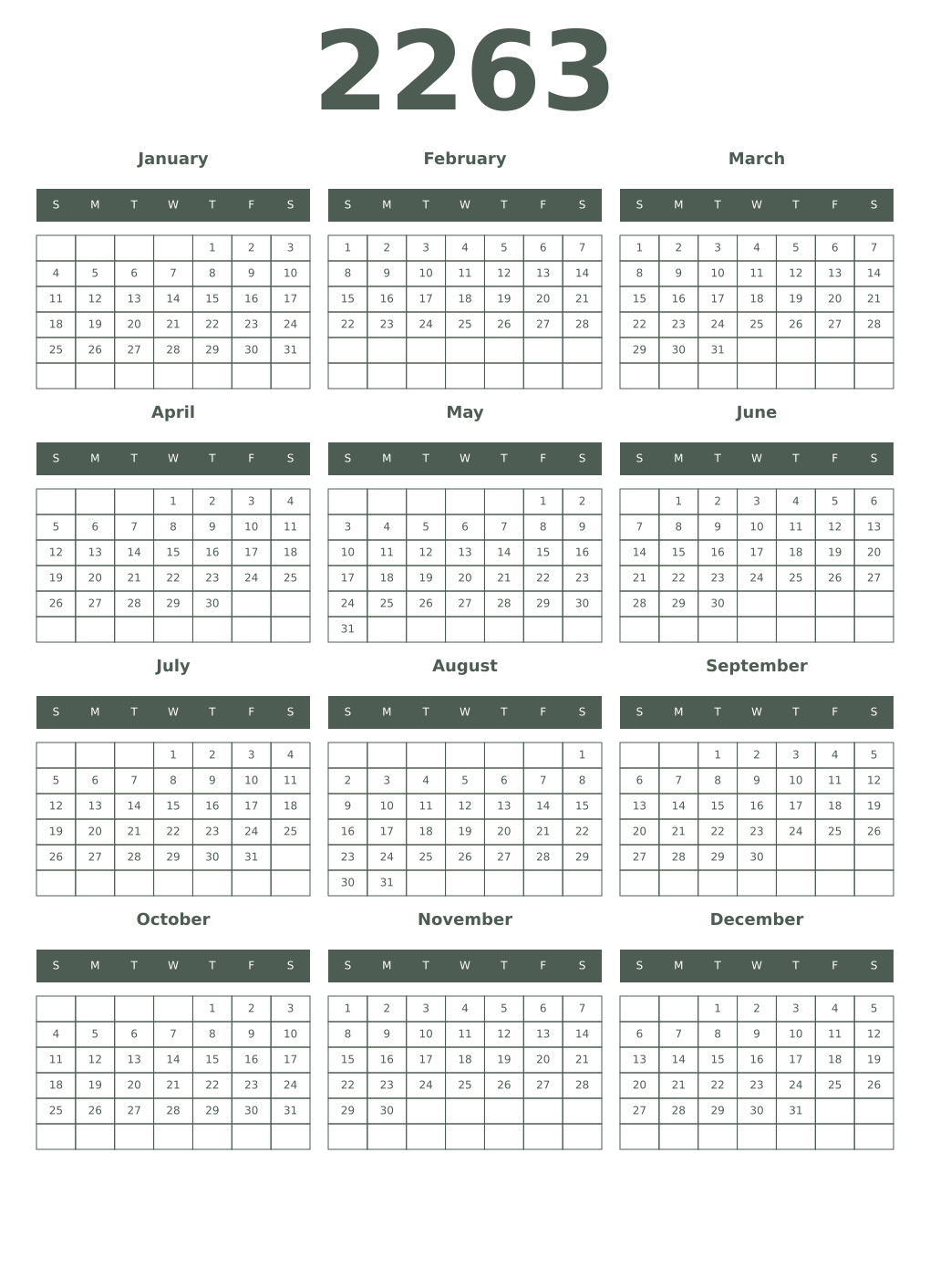 Printable 2263 Year Calendars feldgrau