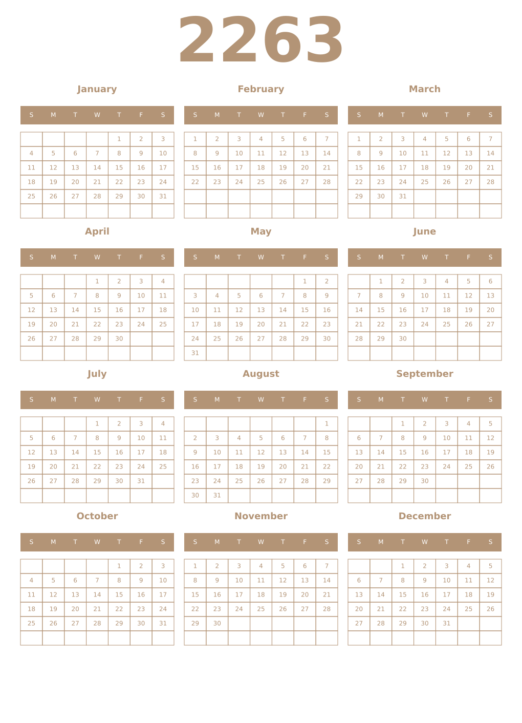 Printable 2263 Year Calendars isabelline