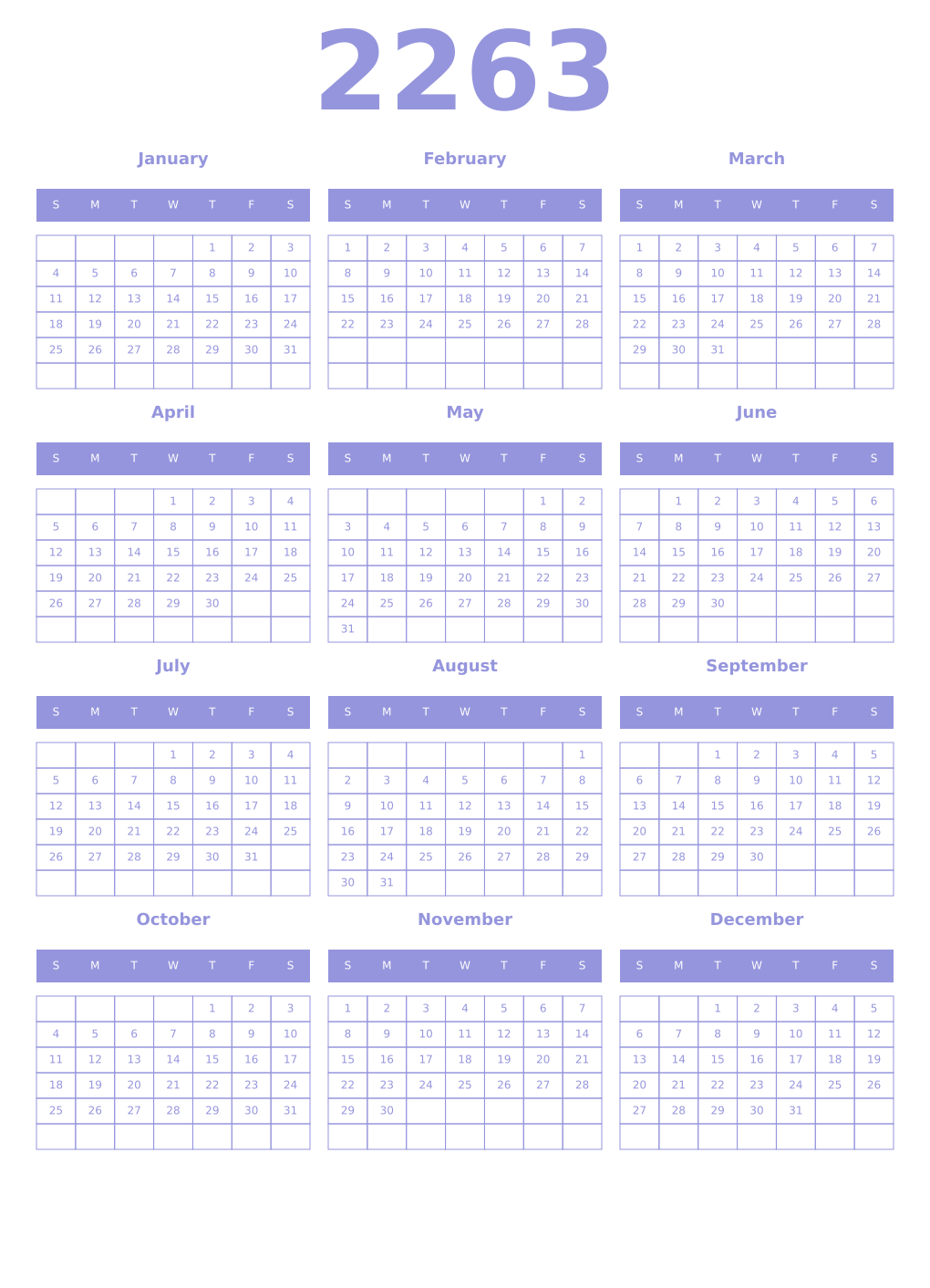 Printable 2263 Year Calendars periwinkle
