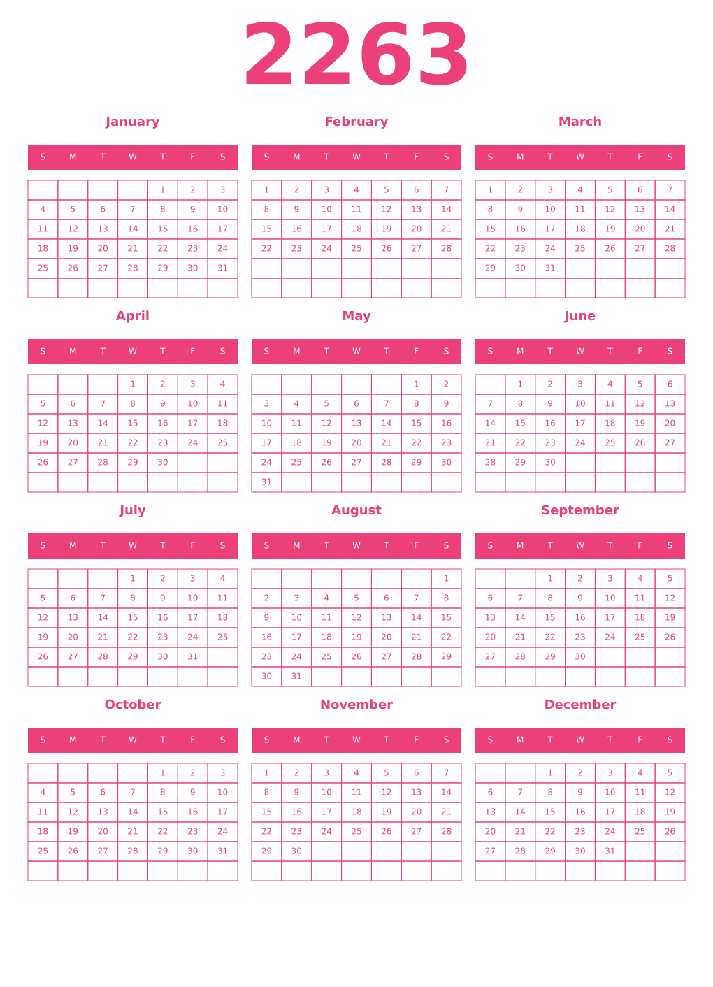 Printable 2263 Year Calendars pink