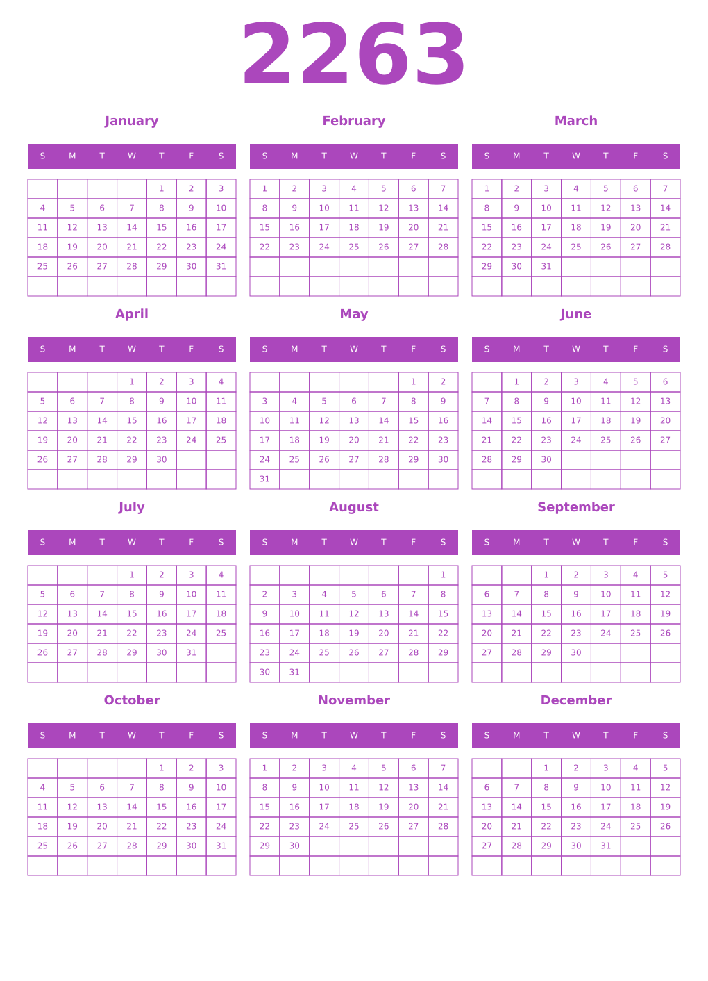 Printable 2263 Year Calendars purple