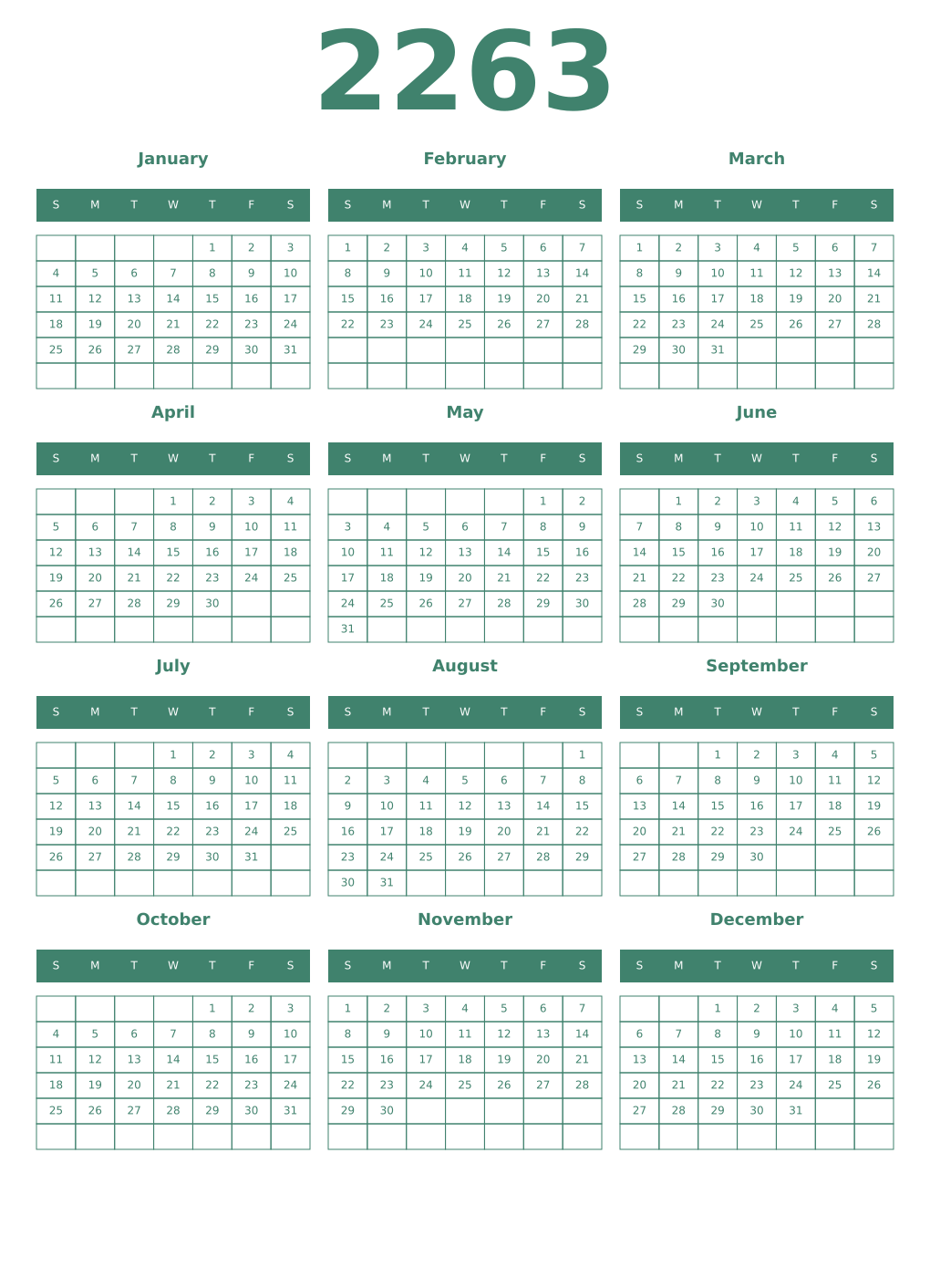Printable 2263 Year Calendars viridian