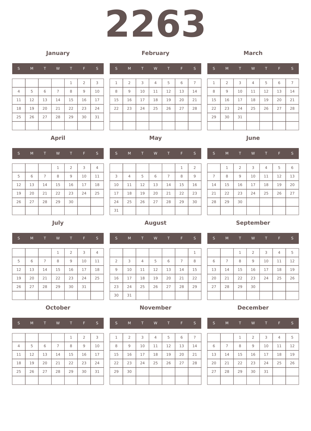 Printable 2263 Year Calendars wenge
