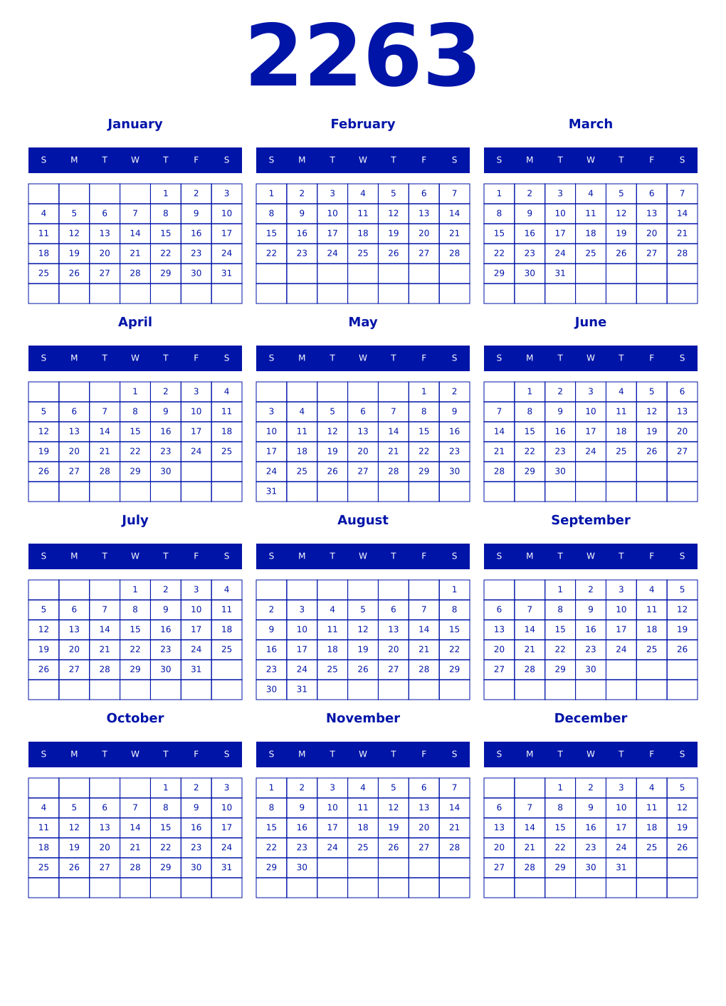 Printable 2263 Year Calendars zaffre