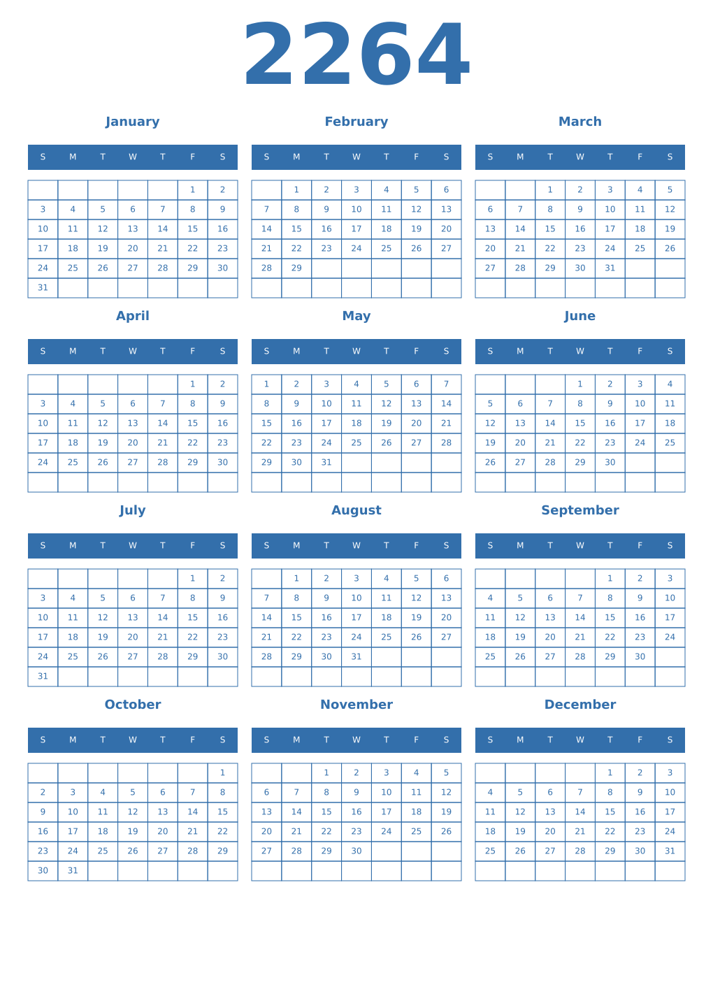 Printable 2264 Year Calendars blue