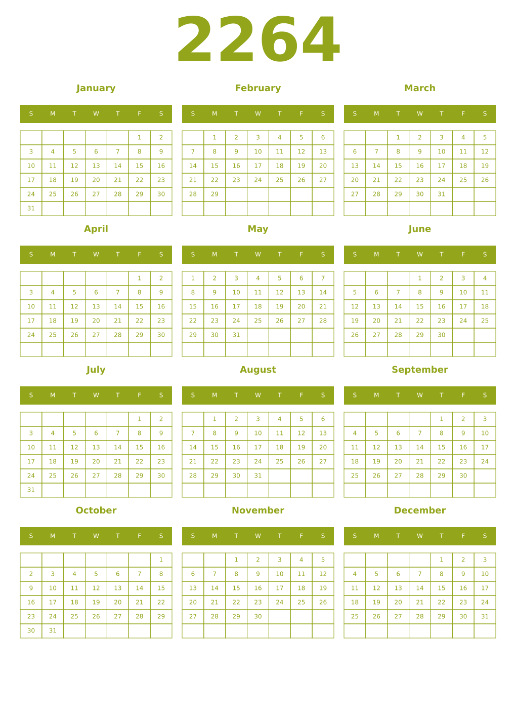 Printable 2264 Year Calendars chartreuse