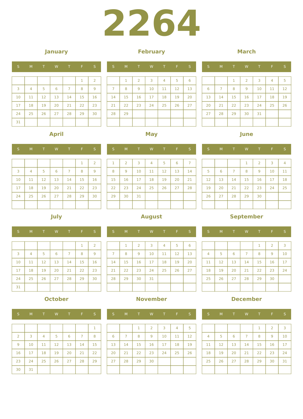 Printable 2264 Year Calendars eburnean