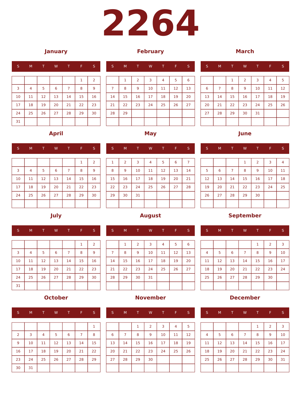 Printable 2264 Year Calendars falu