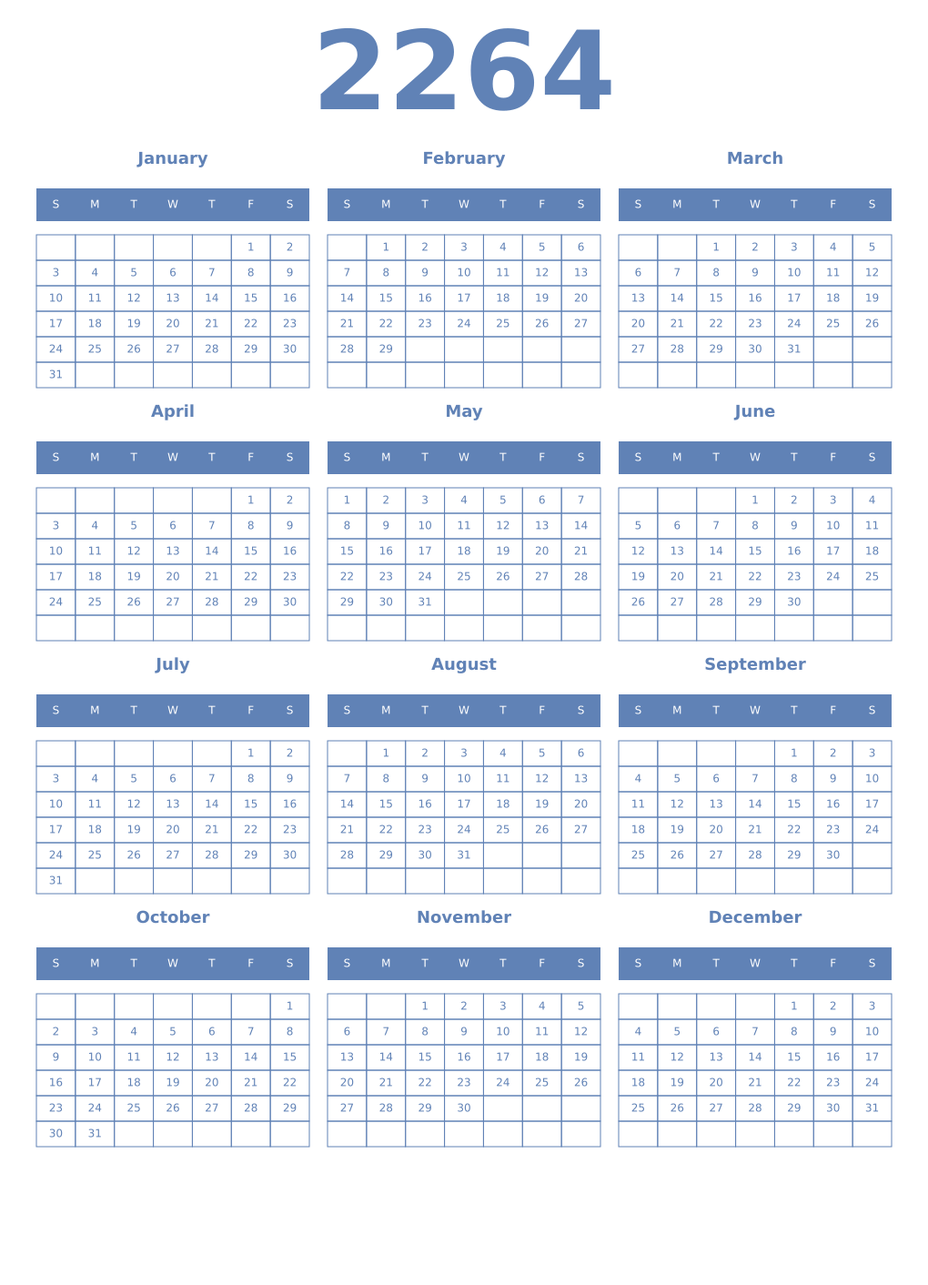 Printable 2264 Year Calendars glaucous