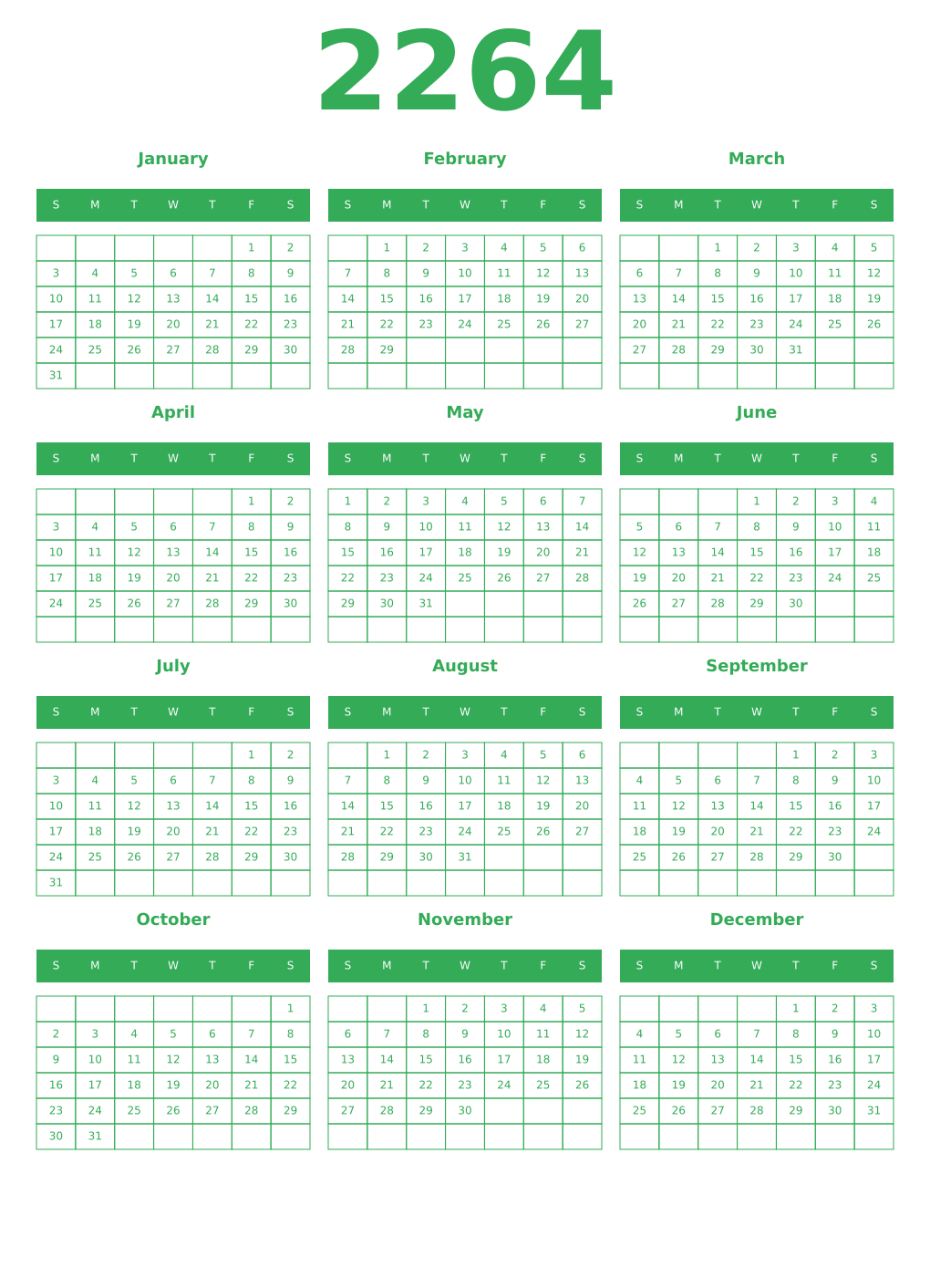 Printable 2264 Year Calendars green