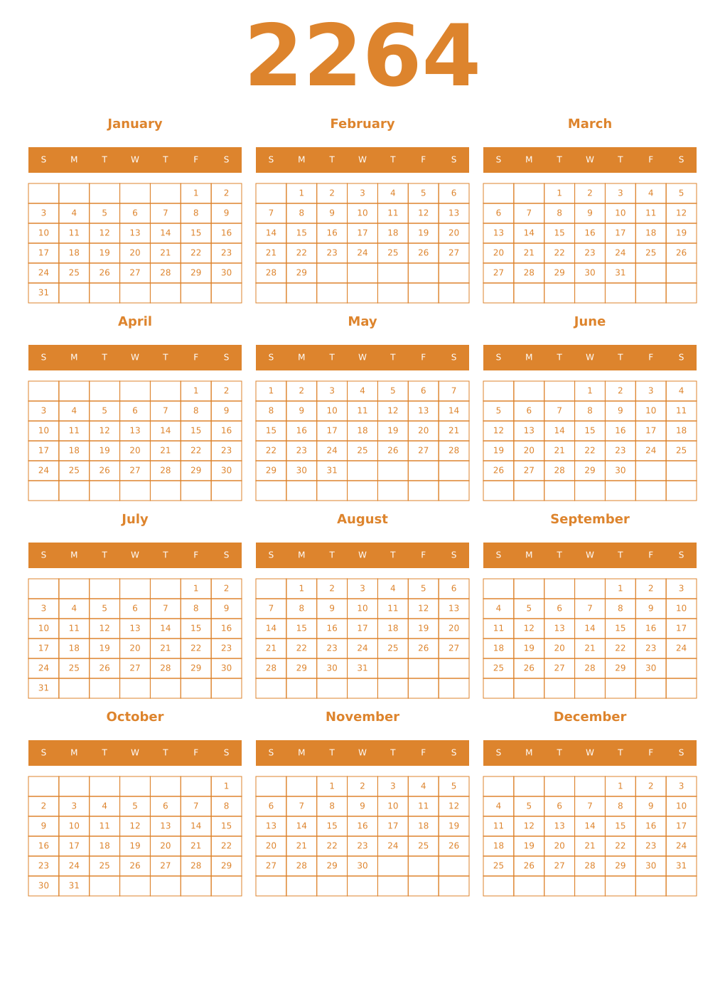 Printable 2264 Year Calendars orange