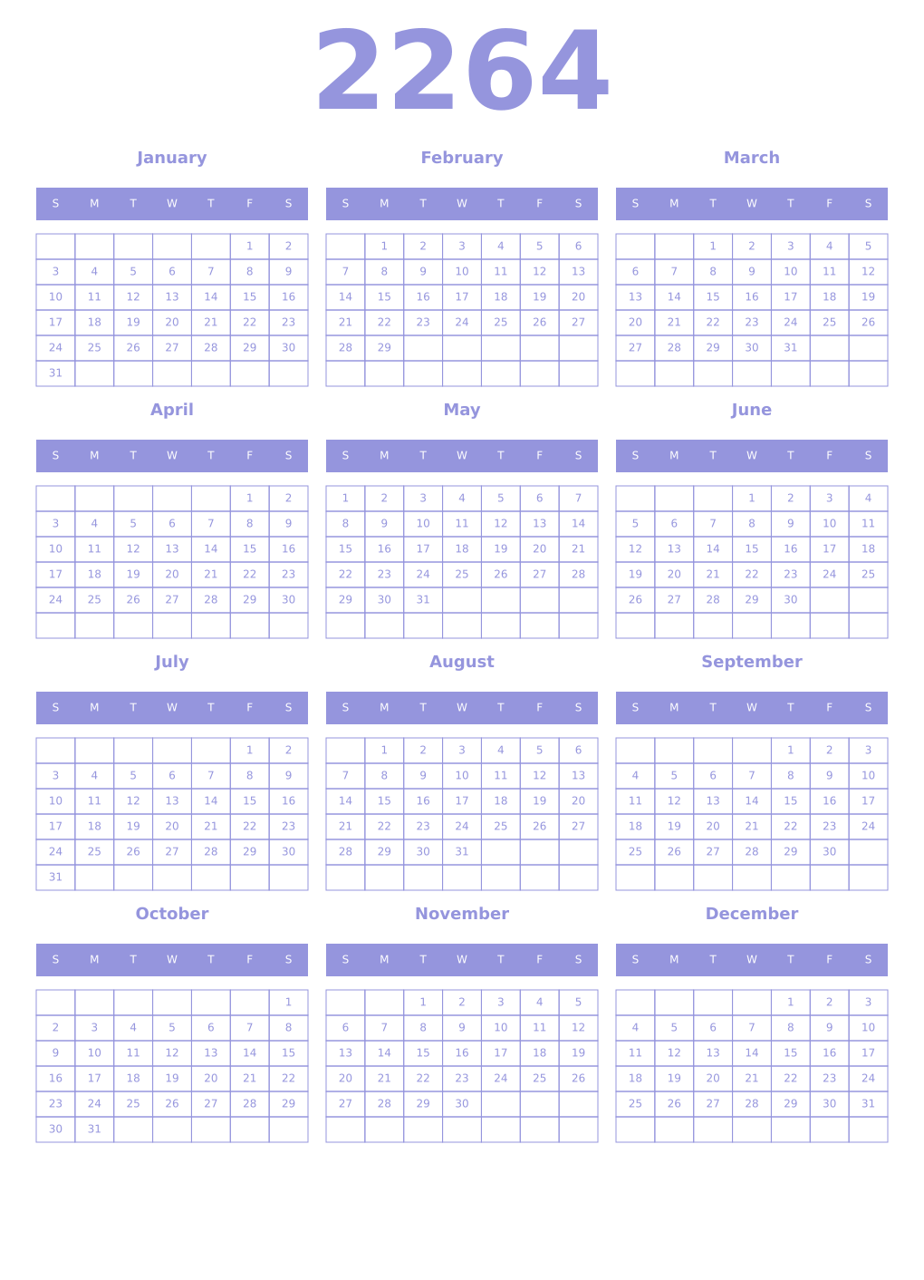 Printable 2264 Year Calendars periwinkle