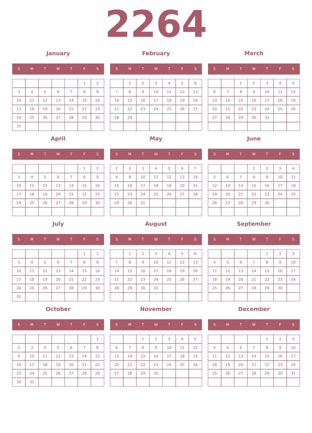 Printable 2264 Year Calendars puce