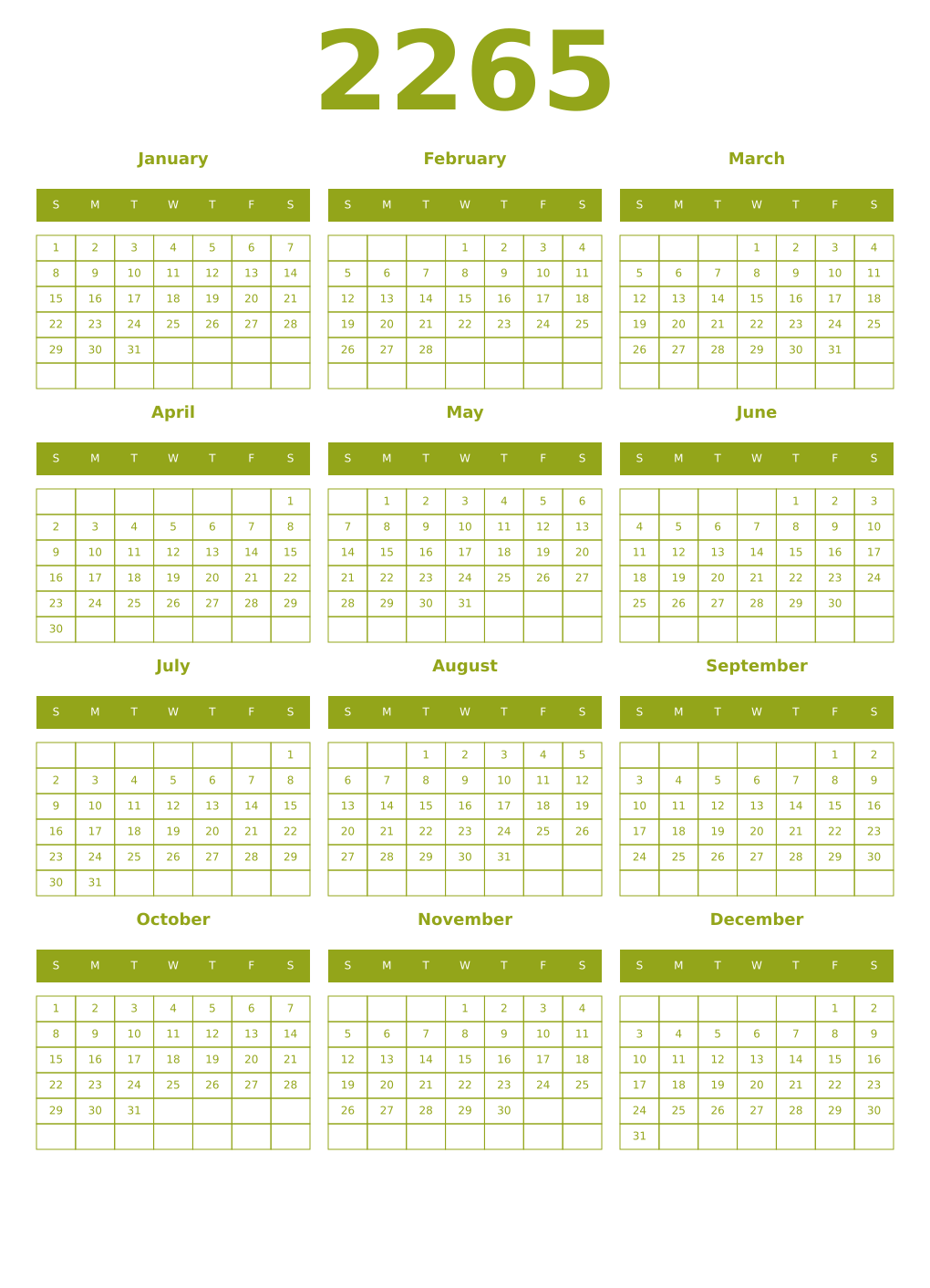 Printable 2265 Year Calendars chartreuse