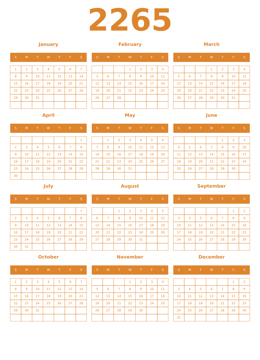 Printable 2265 Year Calendars orange