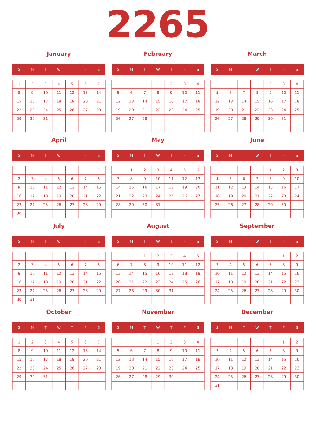 Printable 2265 Year Calendars red