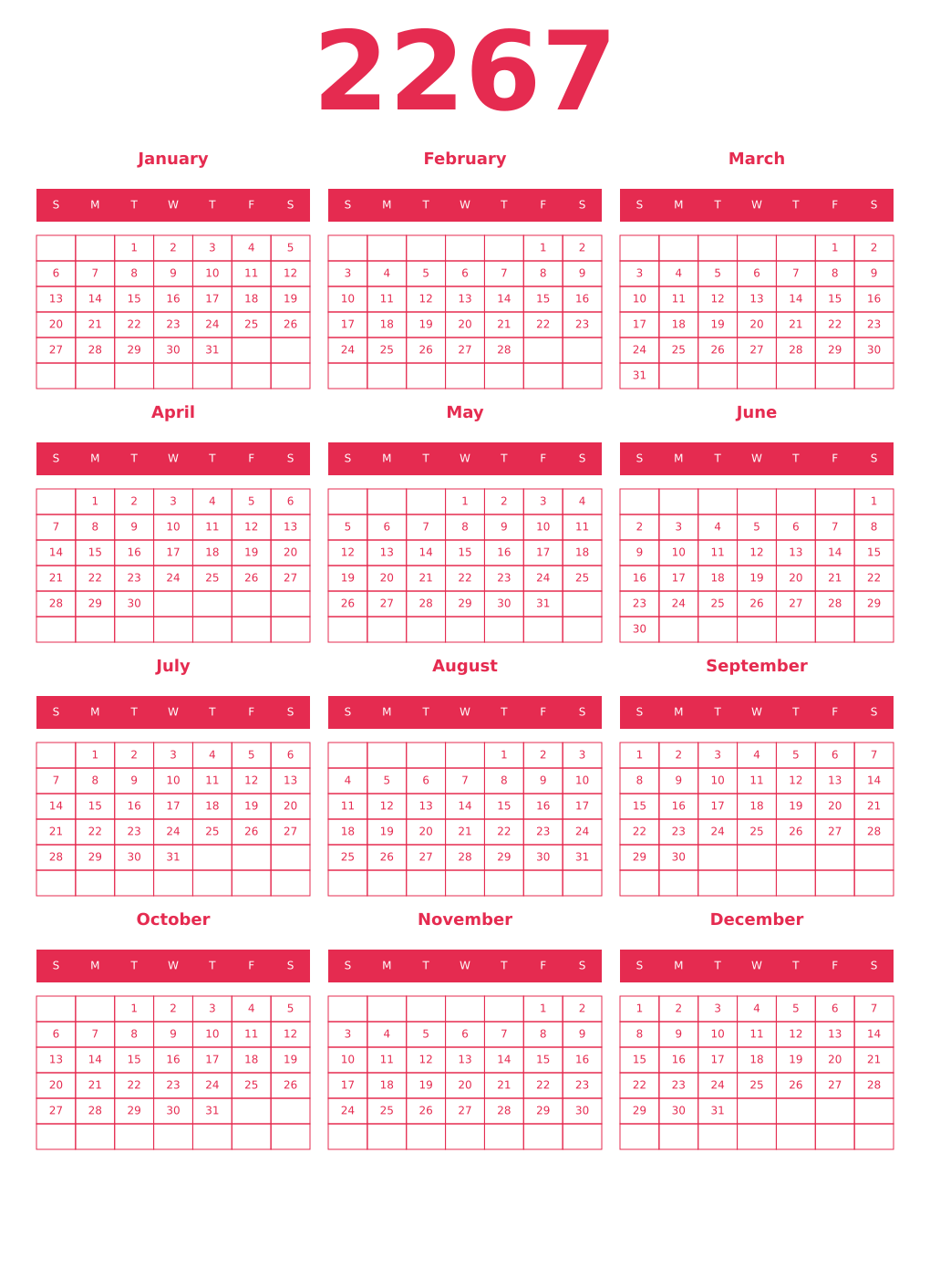 Printable 2267 Year Calendars amaranth